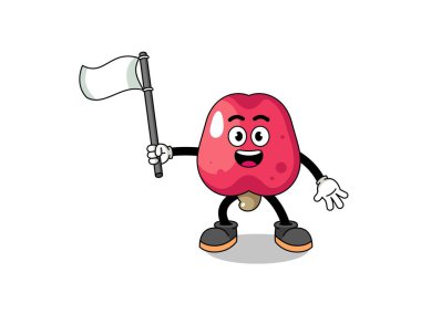 Beyaz bir bayrak taşıyan kaju renkli çizgi film tasarımı, karakter tasarımı.