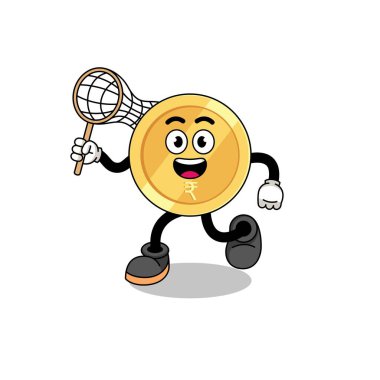 Bir kelebek yakalayan Hint Rupisi karikatürü, karakter tasarımı.