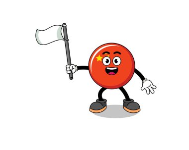 Beyaz bir bayrak taşıyan Çin Bayrağının Çizgi Film Çizimi, karakter tasarımı