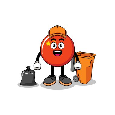 Bir çöp toplayıcısı olarak Çin bayrağı karikatürü, karakter tasarımı