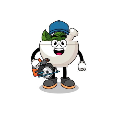 Bir ahşap işçisi olarak bitkisel kâsenin çizgi film çizimi, karakter tasarımı.