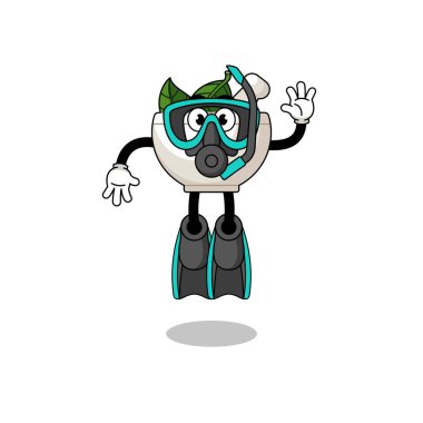 Bir dalgıç olarak bitki kâsesinin karakter çizimi, karakter tasarımı.