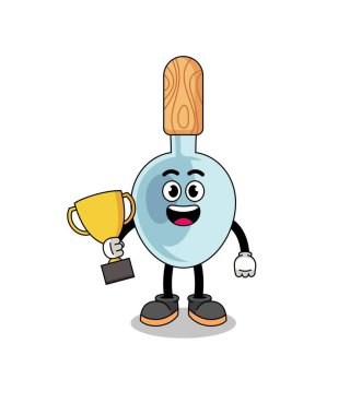 Yemek kaşığının çizgi film maskotu elinde bir kupa, karakter tasarımı