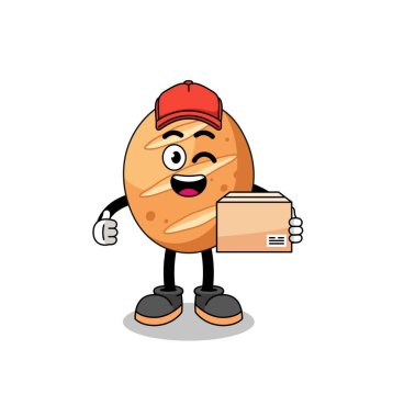 Fransız ekmek maskotu karikatürü kurye olarak, karakter tasarımı