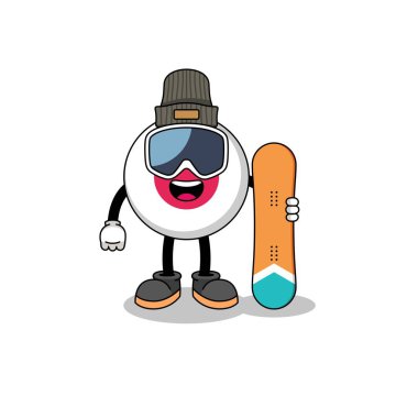 Japon bayraklı snowboard oyuncusunun maskot karikatürü, karakter tasarımı