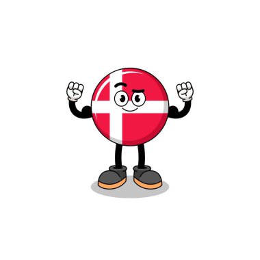 Danimarka bayrağının maskot karikatürü kas ve karakter tasarımı ile poz veriyor