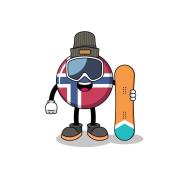 Norveç bayraklı snowboard oyuncusunun maskot karikatürü, karakter tasarımı