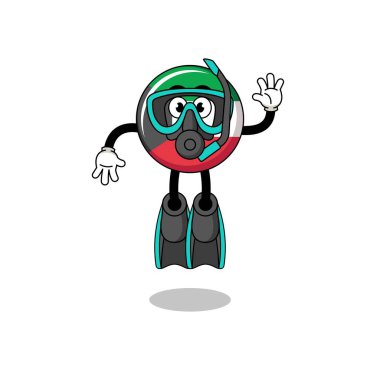 Bir dalgıç olarak Kuveyt bayrağının karakter karikatürü, karakter tasarımı