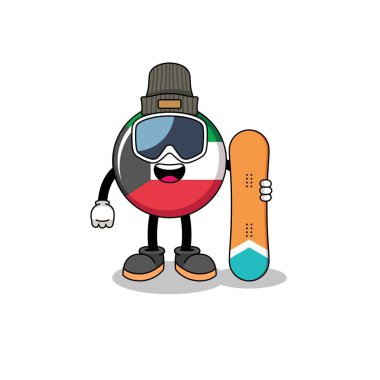 Kuveyt bayraklı snowboard oyuncusunun maskot karikatürü, karakter tasarımı