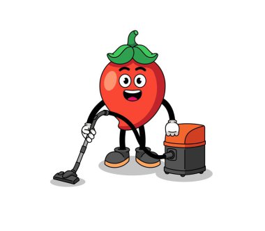 Character mascot of chili pepper holding vacuum cleaner , character design