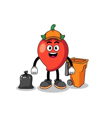 Illustration of chili pepper cartoon as a garbage collector , character design
