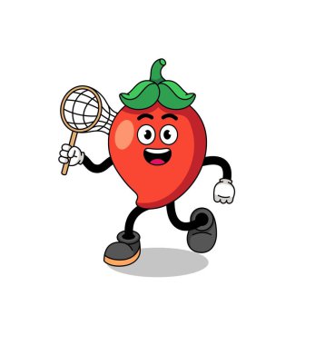 Cartoon of chili pepper catching a butterfly , character design