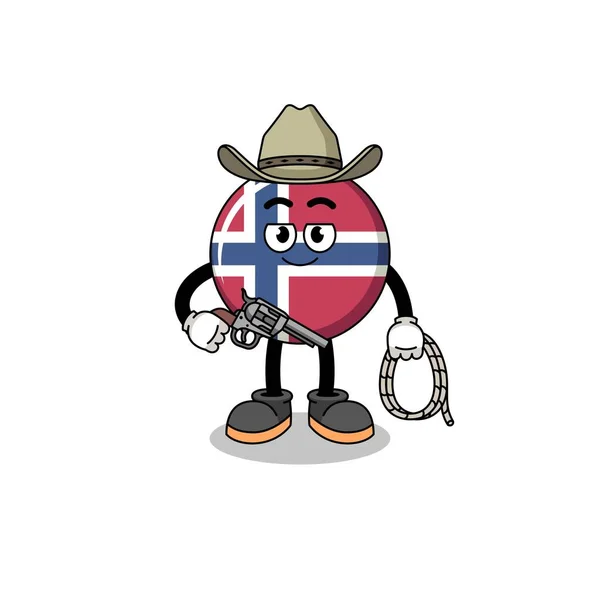 Bir Kovboy Olarak Norveç Bayrağının Karakter Maskotu Karakter Tasarımı — Stok Vektör