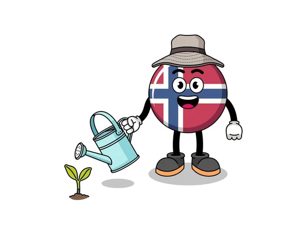 Ilustrasi Kartun Bendera Norway Menyiram Tanaman Desain Karakter - Stok Vektor