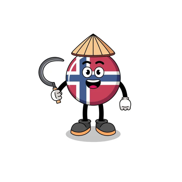 Иллюстрация Флага Норвегии Азиатского Фермера Дизайн Персонажа — стоковый вектор
