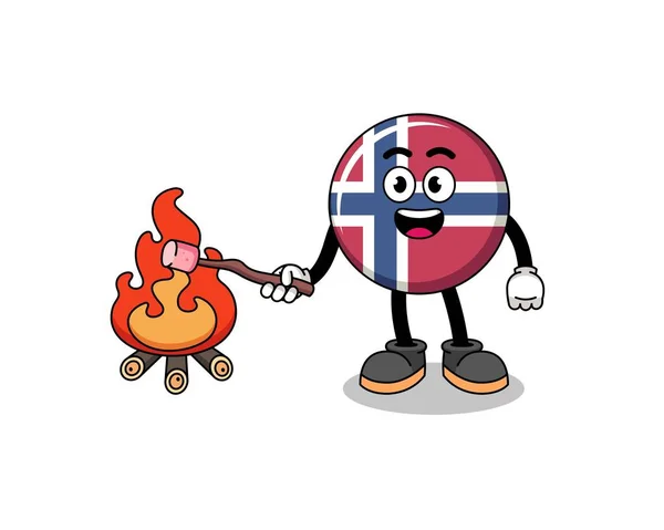 Illustration Norway Flag Burning Marshmallow Character Design — Stock Vector