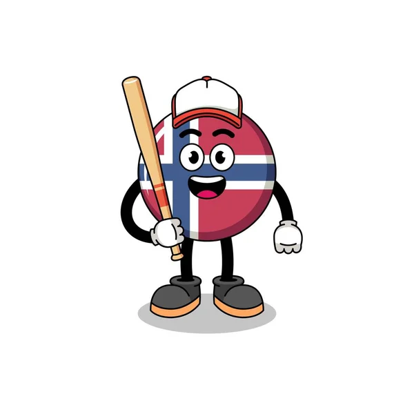 Kartun Maskot Norway Flag Sebagai Pemain Bisbol Desain Karakter - Stok Vektor