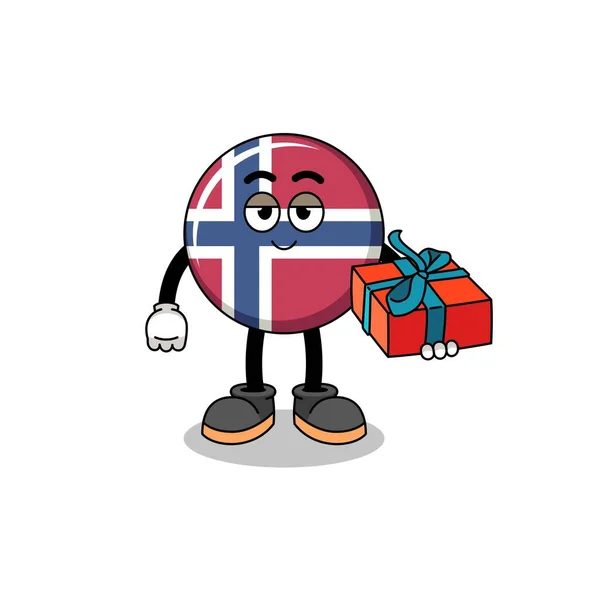 Norweska Flaga Maskotka Ilustracja Dając Prezent Projekt Charakter — Wektor stockowy