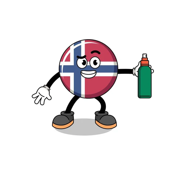 Norwayflagga Illustration Tecknad Håller Myggmedel Teckendesign — Stock vektor