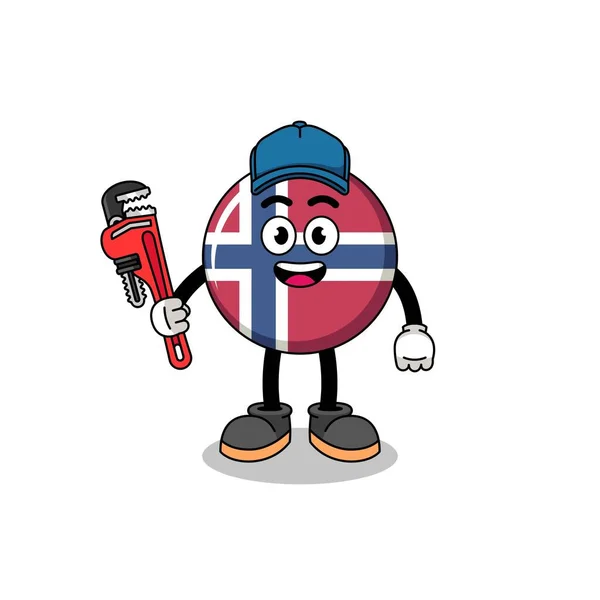 Norveç Bayrak Illüstrasyon Karikatürü Tesisatçı Karakter Tasarımı — Stok Vektör