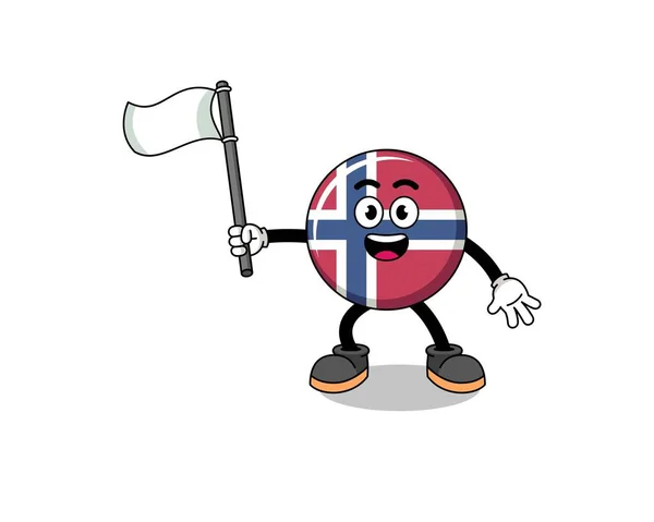Beyaz Bir Bayrak Taşıyan Norveç Bayrağının Çizgi Film Tasarımı Karakter — Stok Vektör