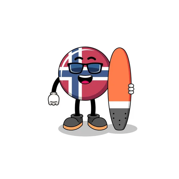 Mascot Cartoon Norway Flag Surfer Character Design — Stock Vector