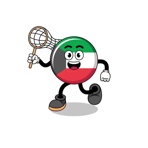 Dibujos Animados Kuwait Bandera Captura Una Mariposa Diseño Personajes — Vector de stock