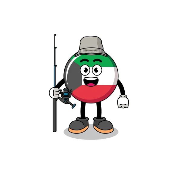 Mascota Ilustración Pescador Bandera Kuwait Diseño Carácter — Vector de stock
