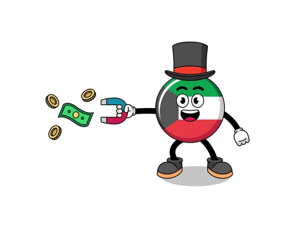Charakter Ilustrace Kuvajtu Vlajky Chytání Peněz Magnetem Charakter Designu — Stockový vektor