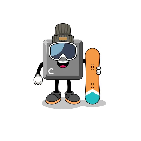 Dibujos Animados Mascota Del Teclado Jugador Snowboard Clave Diseño Personajes — Vector de stock