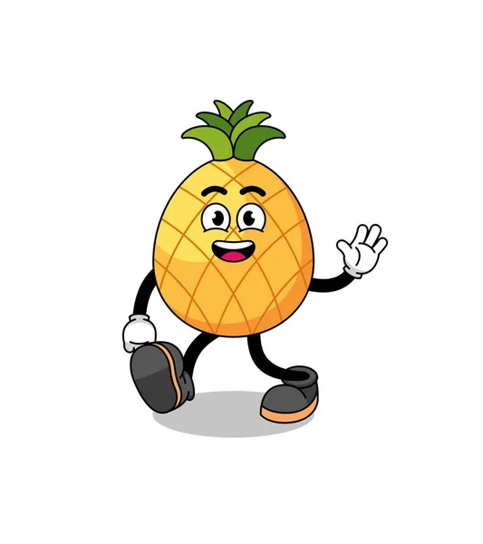 Pineapple Cartoon Walking Say Hello — Stock Vector