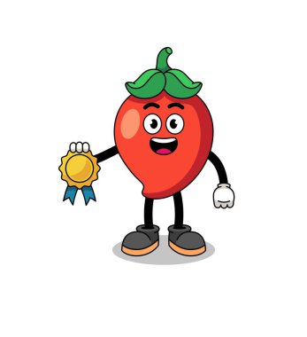 chili pepper cartoon illustration with satisfaction guaranteed medal , character design