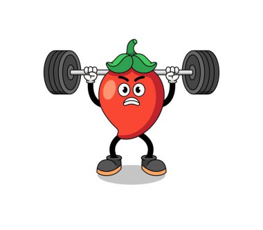 chili pepper mascot cartoon lifting a barbell , character design
