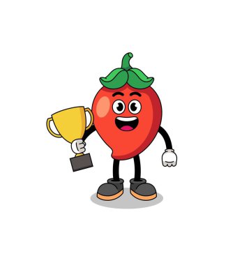 Cartoon mascot of chili pepper holding a trophy , character design