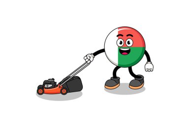 madagascar flag illustration cartoon holding lawn mower , character design