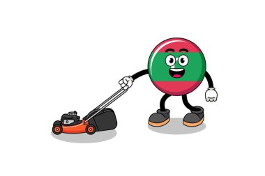 maldives flag illustration cartoon holding lawn mower , character design