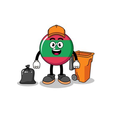 Illustration of maldives flag cartoon as a garbage collector , character design