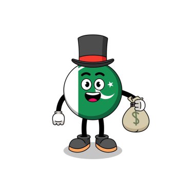 pakistan flag mascot illustration rich man holding a money sack , character design