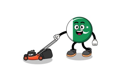 pakistan flag illustration cartoon holding lawn mower , character design