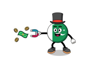 Character Illustration of pakistan flag catching money with a magnet , character design