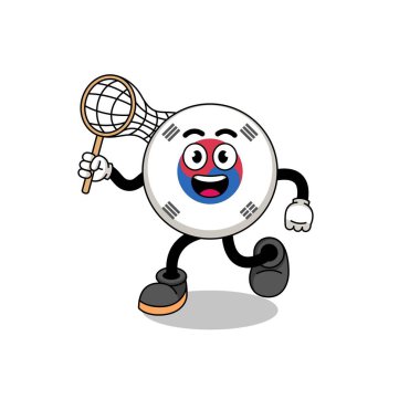 Cartoon of south korea flag catching a butterfly , character design