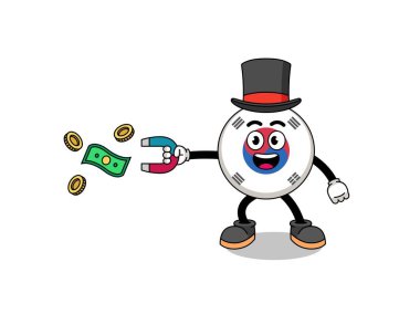 Character Illustration of south korea flag catching money with a magnet , character design
