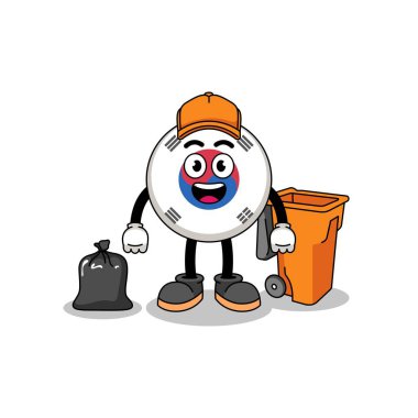 Illustration of south korea flag cartoon as a garbage collector , character design