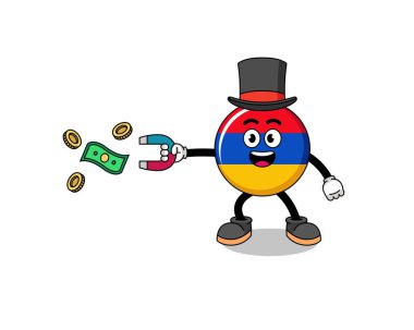 Character Illustration of armenia flag catching money with a magnet , character design