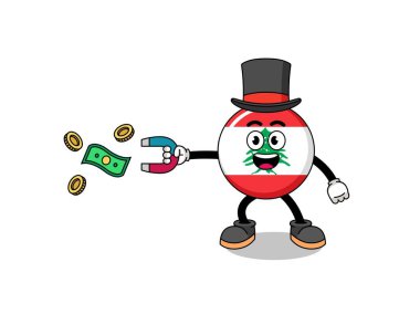 Character Illustration of lebanon flag catching money with a magnet , character design