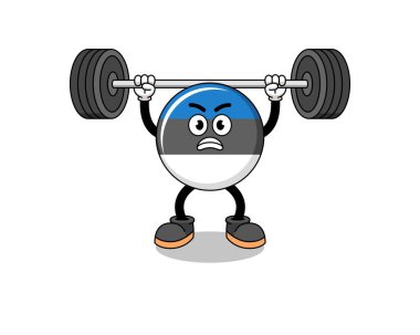 estonia flag mascot cartoon lifting a barbell , character design