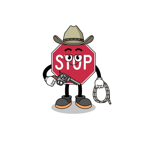 カウボーイとしての停止道路標識のキャラクターマスコット キャラクターデザイン — ストックベクタ
