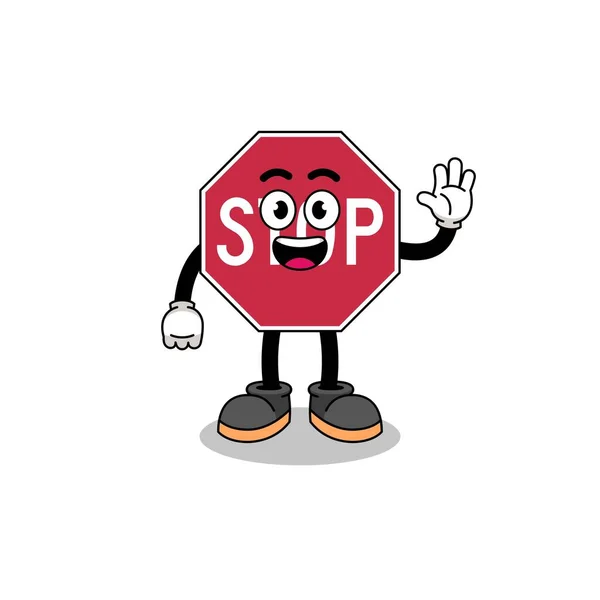 Stop Road Señal Dibujos Animados Haciendo Gesto Mano Ola Diseño — Vector de stock