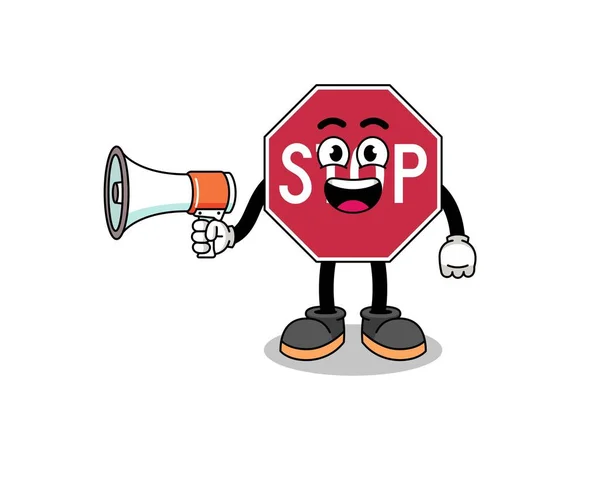 Stop Road Sign Ilustración Dibujos Animados Celebración Megáfono Diseño Personajes — Vector de stock