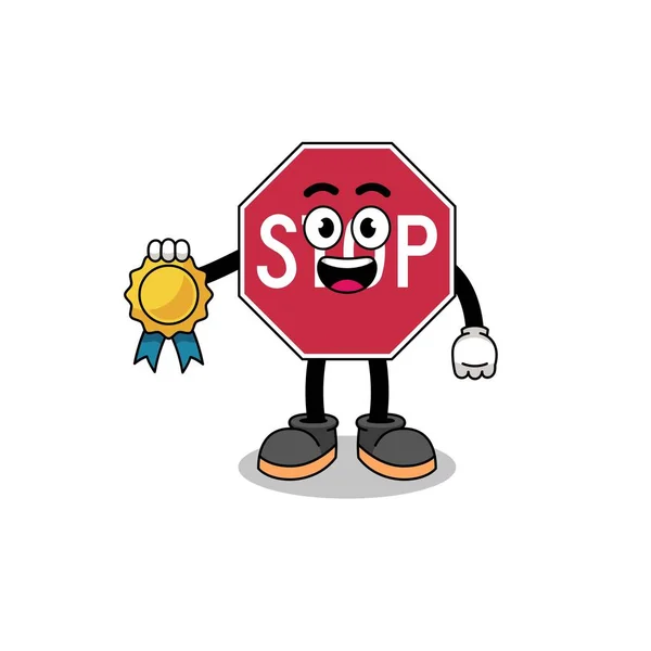 Stop Road Sign Ilustración Dibujos Animados Con Satisfacción Garantizada Medalla — Vector de stock